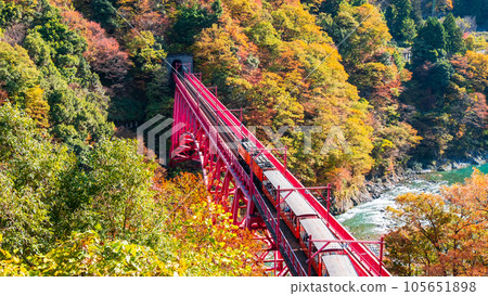 秋天的黑部峽谷:新山彥橋上行駛的小火車 秋天的黑部峽谷:新山彥橋上行駛的小火車 105651898
