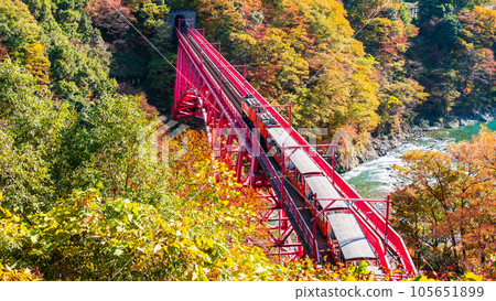 秋天的黑部峽谷:新山彥橋上行駛的小火車 秋天的黑部峽谷:新山彥橋上行駛的小火車 105651899
