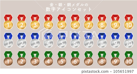 Gold, silver, bronze number icon set / illustration / victory / line / ribbon / decoration / medal 105651997