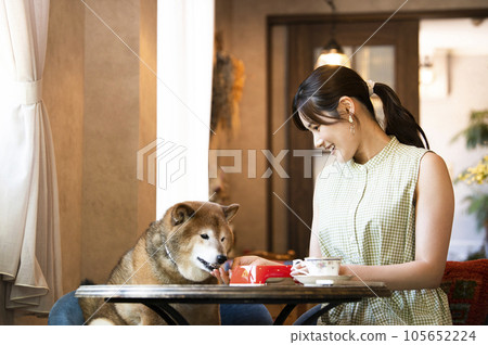 Young woman eating with her dog at a dock cafe 105652224