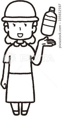 Full-body line drawing illustration of a woman holding a plastic bottle of water in her left hand, wearing a hat and facing the front Full-body line drawing illustration of a woman holding a plastic bottle of water in her left hand, wearing a hat and facing the front 105652597