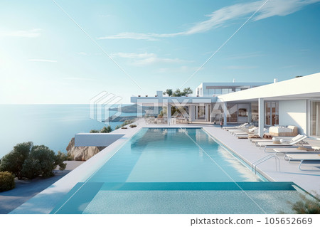 White hotel resort in minimal and modern Mediterranean design, with swimming pool and sea view background, private pool villa house on hill, with Generative Ai. 105652669