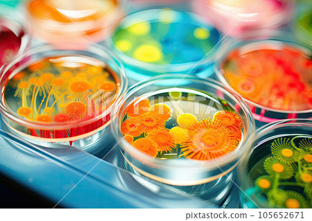Colorful variety of microorganism inside petri dish plate in laboratory with super macro zoom background, including of bacteria, protozoa, algae, and fungi, with Generative AI. Colorful variety of microorganism inside petri dish plate in laboratory with super macro zoom background, including of bacteria, protozoa, algae, and fungi, with Generative AI. 105652671