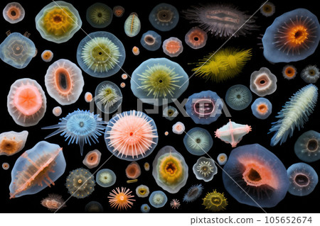 Colorful variety of microorganism inside petri dish plate in laboratory with super macro zoom background, including of bacteria, protozoa, algae, and fungi, with Generative AI. 105652674
