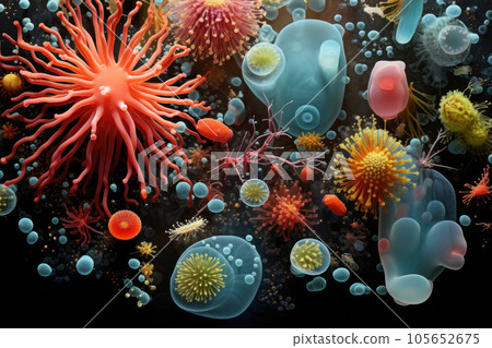 Colorful variety of microorganism inside petri dish plate in laboratory with super macro zoom background, including of bacteria, protozoa, algae, and fungi, with Generative AI. 105652675