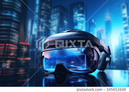 Virtual reality technology world background with VR or AR headset glasses, cyber space futuristic scene, playing virtual game world concept, digital science fiction, with Generative Ai. 105652699