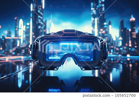 Virtual reality technology world background with VR or AR headset glasses, cyber space futuristic scene, playing virtual game world concept, digital science fiction, with Generative Ai. 105652700