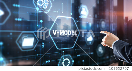 Businessman clicks V-Model, VEE. Information systems development model Businessman clicks V-Model, VEE. Information systems development model 105652797