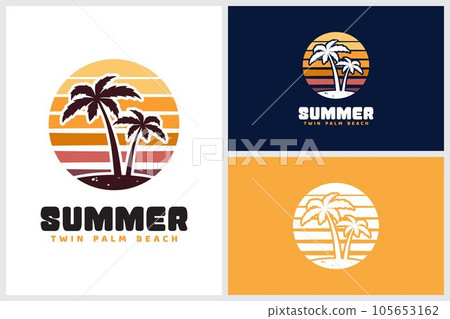 Sunset Beach With Twin Palm for Summer Surf Vacation logo design inspiration Sunset Beach With Twin Palm for Summer Surf Vacation logo design inspiration 105653162