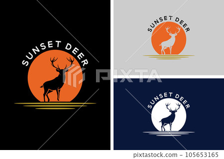 Deer Buck Stag Silhouette at The beauty sunset in African Savanna Sunrise or Sunset Nature Wildlife Logo Design 105653165
