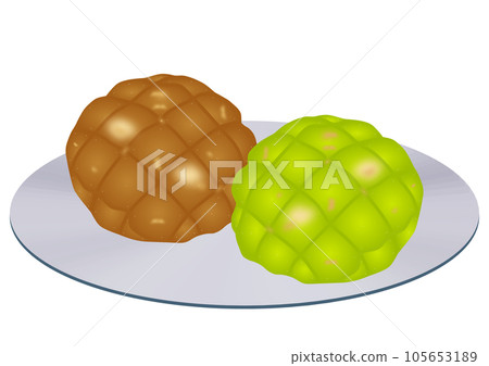 鋼板上的兩片“咖啡哈密瓜麵包”和“抹茶哈密瓜麵包” 105653189