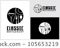 Restaurant Line Art Logo with Wine Glass Spoon Fork Plate Knife Glass for Dining 105653219