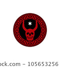 Skull Devil Demon Satan Horned Mascot Emblem Badge Medallion With Chinese Motif 105653256