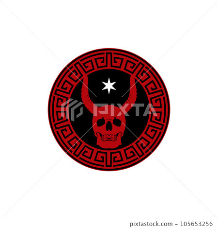 Skull Devil Demon Satan Horned Mascot Emblem Badge Medallion With Chinese Motif Skull Devil Demon Satan Horned Mascot Emblem Badge Medallion With Chinese Motif 105653256