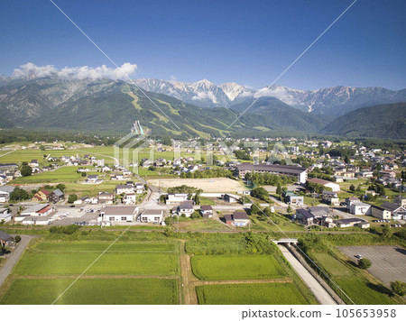 Magnificent view of Hakuba Village on a summer morning Hakuba Village, Nagano Prefecture (Aerial shot by drone) Magnificent view of Hakuba Village on a summer morning Hakuba Village, Nagano Prefecture (Aerial shot by drone) 105653958