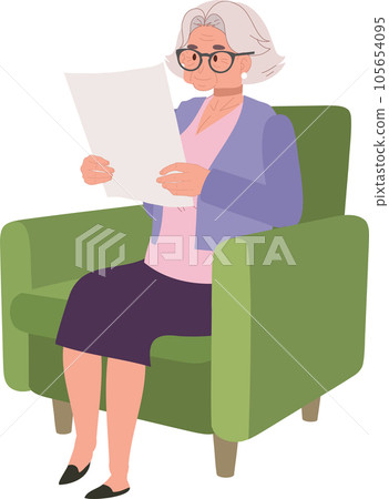 Elderly Woman Enjoying Tranquil Reading of Newspaper on Cozy Couch. 105654095