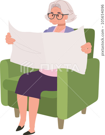 Elderly Woman Enjoying Tranquil Reading of Newspaper on Cozy Couch. 105654096