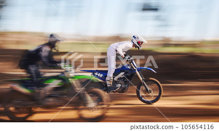 Race, motorcycle and sports, men in speed for practice, training and fast action adventure. Professional dirt road biking, motion and biker in motorbike competition, performance and outdoor challenge Race, motorcycle and sports, men in speed for practice, training and fast action adventure. Professional dirt road biking, motion and biker in motorbike competition, performance and outdoor challenge 105654116