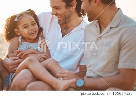 Gay couple, happy and relax with family at beach for seaside holiday, support and travel. Summer, vacation and love with men and child laughing in nature for lgbtq, happiness and bonding together 105654123