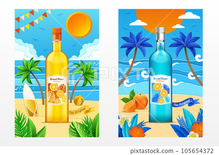 Summer cocktail ad. Beach waves, fruit drink party, yellow brand template with fresh ocean. Seashore vacation landscape. Tropical flowers. Paradise background. Vector advertising poster Summer cocktail ad. Beach waves, fruit drink party, yellow brand template with fresh ocean. Seashore vacation landscape. Tropical flowers. Paradise background. Vector advertising poster 105654372