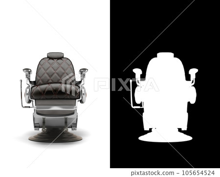 Retro black leather barber chair with chrome inserts flront view 3d render on white with alpha Retro black leather barber chair with chrome inserts flront view 3d render on white with alpha 105654524