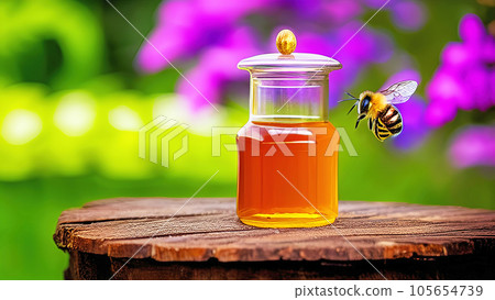 Honey in a glass jar and a bee. 105654739