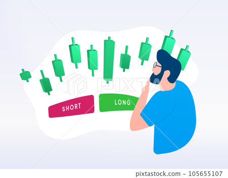 Volatility, stock purchases and sales. Long and Short Position with Margin Trading on stock or crypto market. Male trader looks at Japanese candlestick chart and thinks how to make money on volatility 105655107
