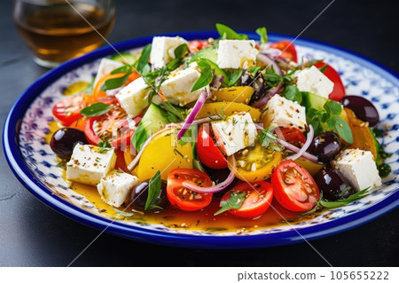 Greek salad with feta cheese and olive oil on plate. Greek healthy food 105655222