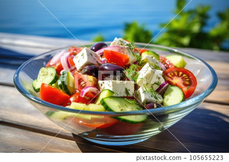 Greek salad with feta cheese and olive oil. Greek healthy food 105655223