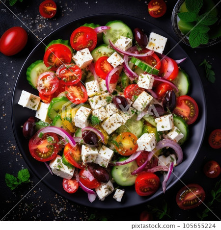 Greek salad with feta cheese and olive oil on plate. Greek healthy food 105655224
