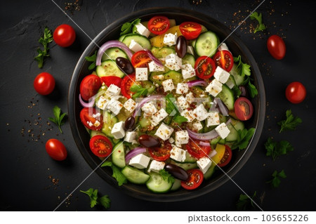 Greek salad with feta cheese and olive oil on plate. Greek healthy food 105655226