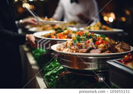 Catering buffet food indoor in restaurant with grilled meat. Catering buffet food indoor in restaurant with grilled meat. 105655231