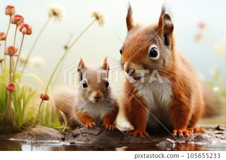 Red squirrel with baby in the forest 105655233
