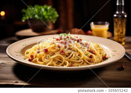 Traditional italian dish spaghetti carbonara. Traditional italian dish spaghetti carbonara. 105655242