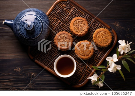Top view of traditional moon cakes, tea pot and cups on table Top view of traditional moon cakes, tea pot and cups on table 105655247