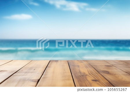 Wooden table top on blurred blue sea background Wooden table top on blurred blue sea background 105655267