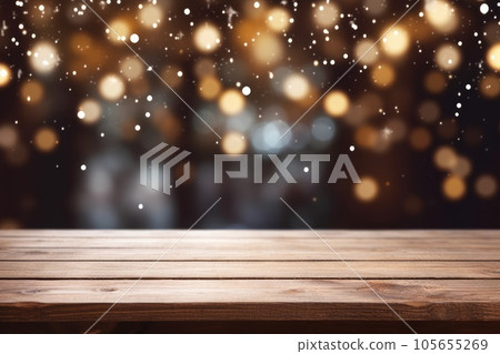 Wooden table top on blurred glittering background Wooden table top on blurred glittering background 105655269