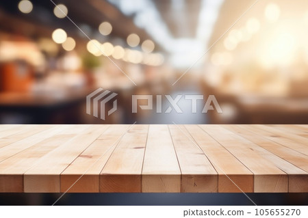 Wooden table top on blurred supermarket background 105655270