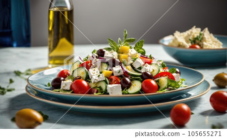 Greek salad of fresh cucumber, tomato, sweet pepper, lettuce, red onion, feta cheese and olives with olive oil. 105655271