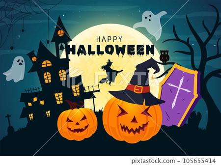 Halloween Night Background Vector Illustration with Pumpkins on the Moonlight and Several Other Elements in Flat Cartoon Hand Drawn Templates Halloween Night Background Vector Illustration with Pumpkins on the Moonlight and Several Other Elements in Flat Cartoon Hand Drawn Templates 105655414