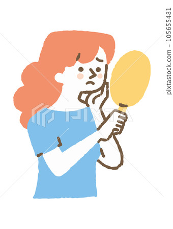 Woman looking in the mirror and worried about sagging skin_color 105655481