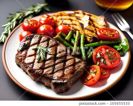Grilled steak with asparagus and tomatoes Grilled steak with asparagus and tomatoes 105655533