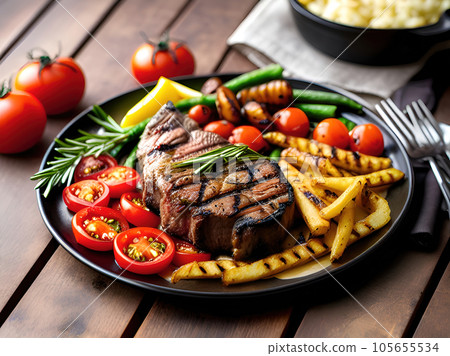 Grilled steak with asparagus and tomatoes Grilled steak with asparagus and tomatoes 105655534