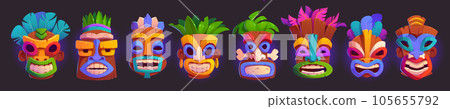Set of tiki masks isolated on black background Set of tiki masks isolated on black background 105655792