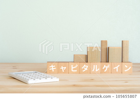 寫著資本收益、微型建築和計算器的積木 105655807