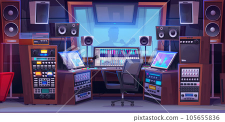 Sound recording studio with equipment and singer 105655836