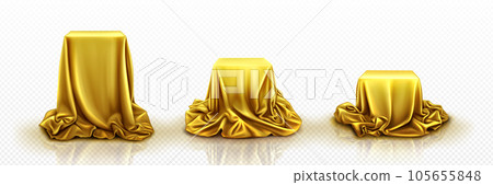 Podium under golden fabric curtain cover. 105655848