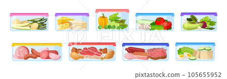 Plastic Containers with Different Food Stored Inside Vector Set 105655952