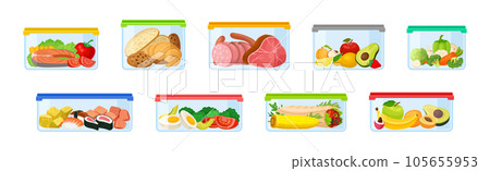 Plastic Containers with Different Food Stored Inside Vector Set 105655953