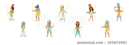 Egyptian God and Deities Wearing Antique Clothing and Holding Rod Vector Set 105655991